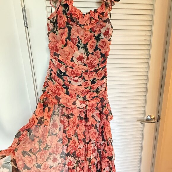 Red Floral Ruffle Maxi Dress Sz L - Picture 3 of 5